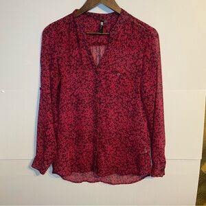 Kut from the Kloth Sheer Maroon/Burgundy Floral Button-up Blouse Shirt Top